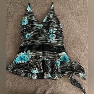 Windsor (size small) Halter Top, Black and White with Blue Flowers
